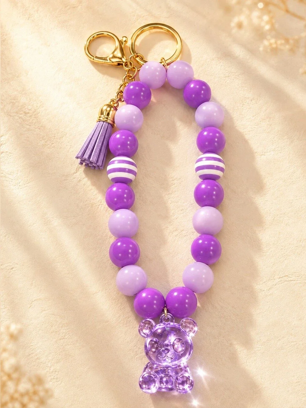 Handmade Purple Beaded Teddy Keychain Wristlet